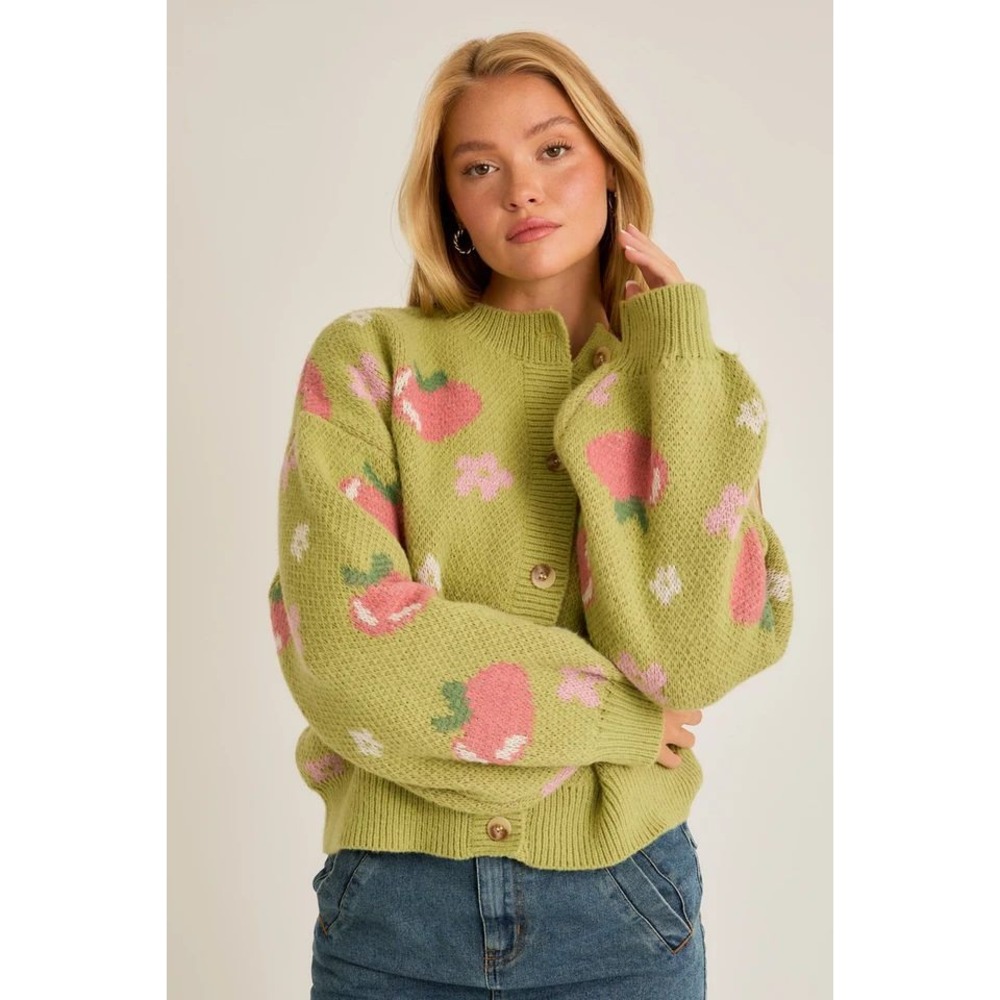 NWT Le Lis Apple Floral Thick Knit Cardigan Sweater Womens XS Green Button Front